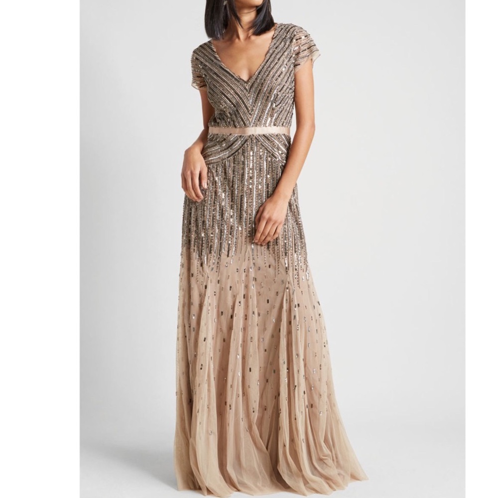 Adrianna Papell Cap sleeve v-neck beaded nude gown